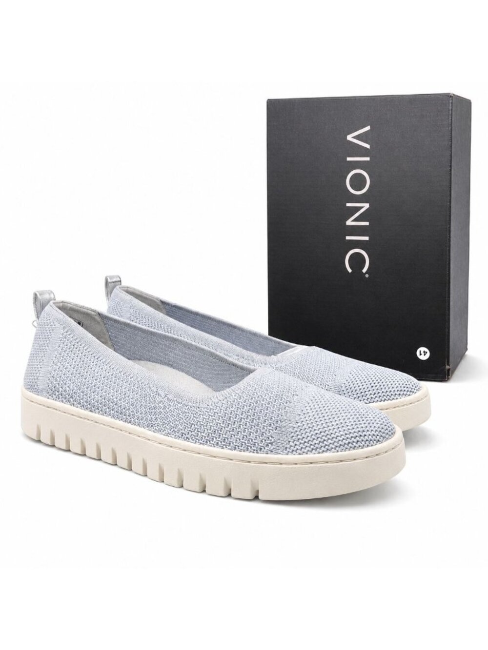 Vionic Uptown Shimmer Knit Flats Blue Mist Silver Women's Comfort Loafer 8.5